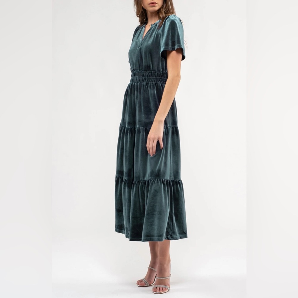 August Sky maxi dress Anthropologie dupe blue dusty velvet look size L